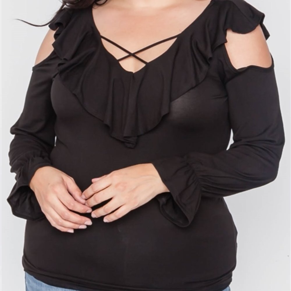 Plus Size Black Long Sleeve Flounce Top